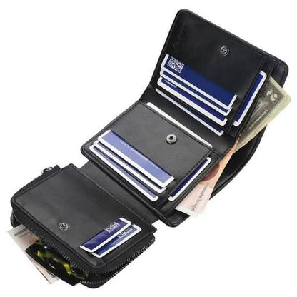 Men's black bifold wallet open, showing card slots and bill compartments