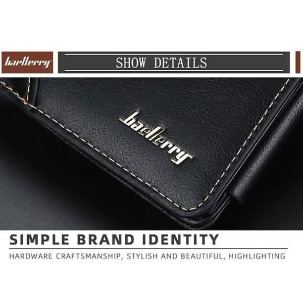 Men's black bifold wallet with stitched edge and logo on front