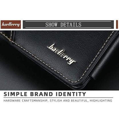 Men's black bifold wallet with stitched edge and logo on front