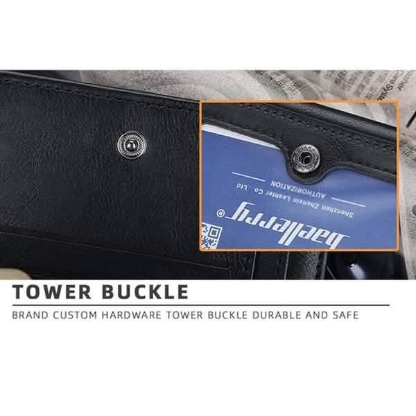 Men's black bifold wallet clasp area with metal snap