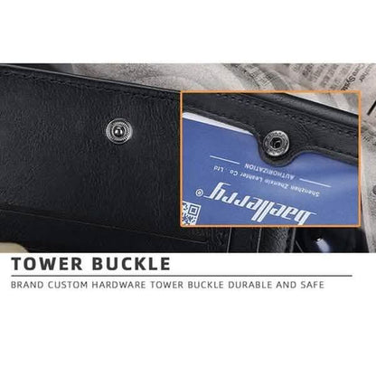 Men's black bifold wallet clasp area with metal snap