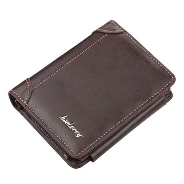 Men's bifold wallet in dark brown leather-look material with stitched trim