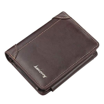 Men's bifold wallet in dark brown leather-look material with stitched trim
