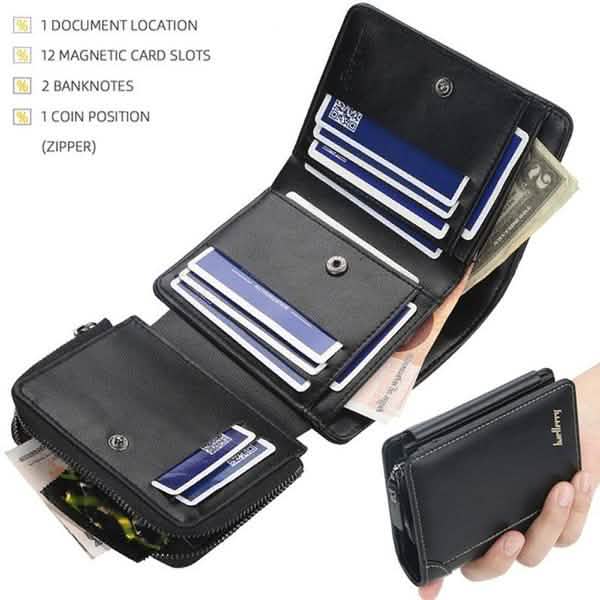 Men's black bifold wallet open with card slots and bill pocket plus coin pouch