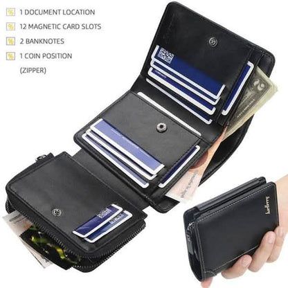 Men's black bifold wallet open with card slots and bill pocket plus coin pouch