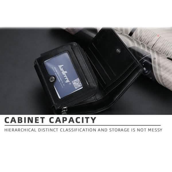 Men's black bifold wallet interior card slots and leather panel