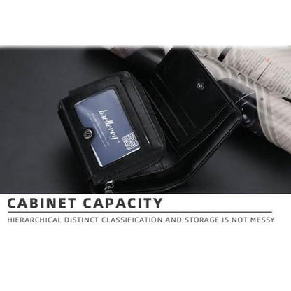 Men's black bifold wallet interior card slots and leather panel