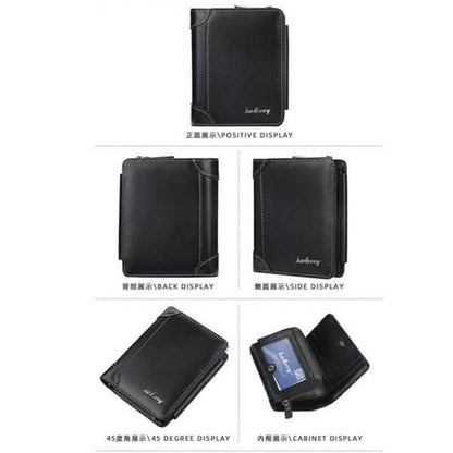 Men's black bifold wallet shown in front, side, and back views