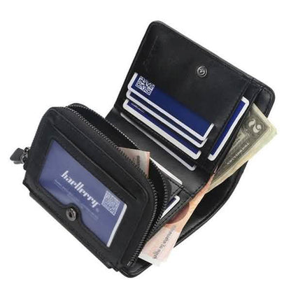 Men's black bifold wallet open with card slots and zipper coin pouch
