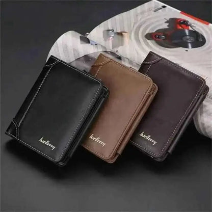 Men's bifold wallets in black, brown, and dark brown, shown side by side