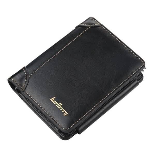 Men's black bifold wallet with embossed logo and double stitching