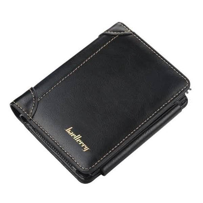 Men's black bifold wallet with embossed logo and double stitching