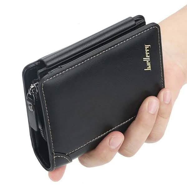 Men's black bifold wallet held in hand, with stitched outer edge and zipper
