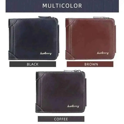 Men's bifold wallet display showing black, brown, and coffee color options
