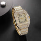 Gold rhinestone analog watch with Roman numerals, rectangular case, link bracelet