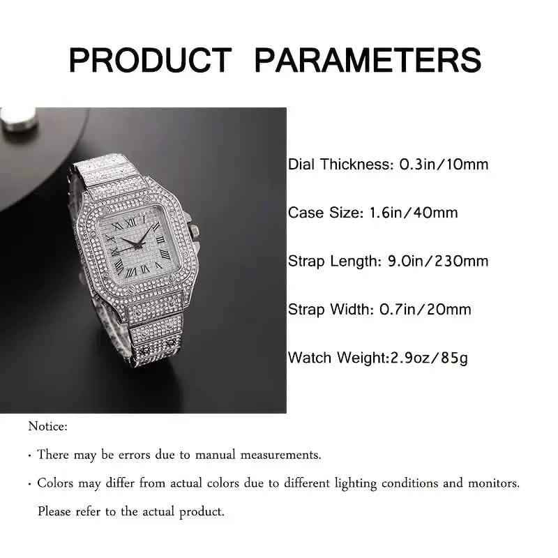 Rhinestone watch product parameters chart with case size and strap measurements text