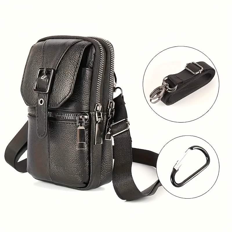 Black leather waist bag with front buckle flap, zippered front pockets, and shoulder strap