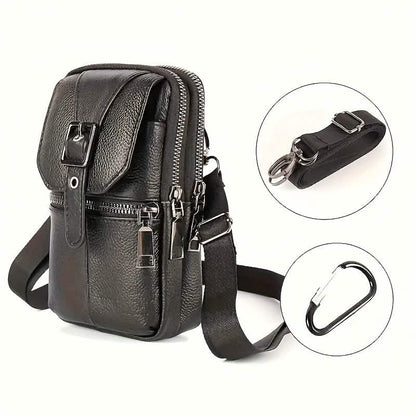 Black leather waist bag with front buckle flap, zippered front pockets, and shoulder strap