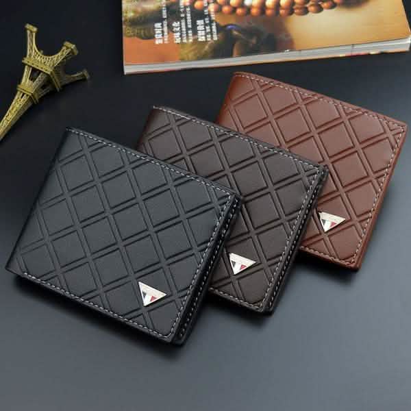 Genuine leather trifold wallet, black and dark brown, geometric grid pattern.