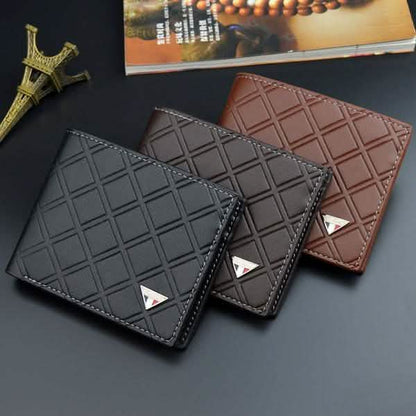 Genuine leather trifold wallet, black and dark brown, geometric grid pattern.