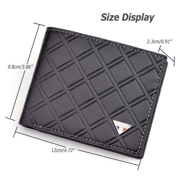Black leather trifold wallet with geometric grid, size display with dimensions shown.