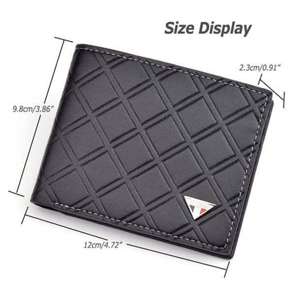 Black leather trifold wallet with geometric grid, size display with dimensions shown.