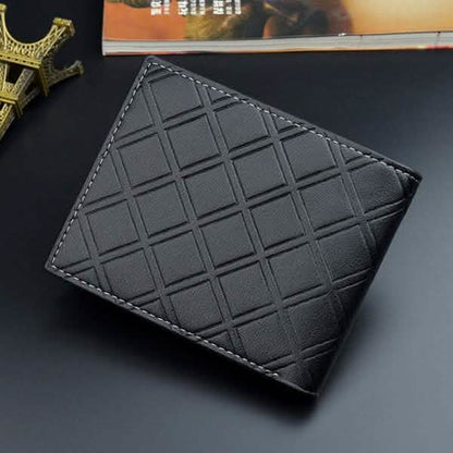 Genuine leather trifold wallet, black, embossed geometric grid with contrast stitching.
