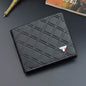 Genuine leather trifold wallet, black, geometric grid embossed with stitched border.