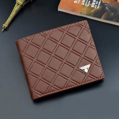 Genuine leather trifold wallet, light brown, geometric grid embossed with contrast stitching.