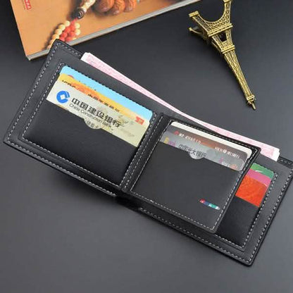 Genuine leather trifold wallet opened, multiple card slots and center ID window.