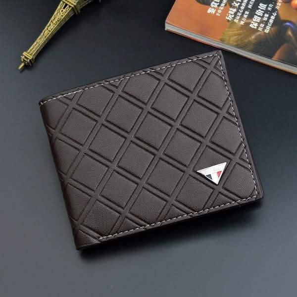 Genuine leather trifold wallet, dark brown, geometric grid embossed with contrast stitching.