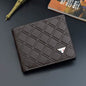 Genuine leather trifold wallet, dark brown, geometric grid embossed with contrast stitching.