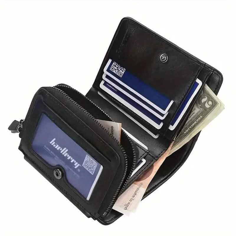 Black tri-fold wallet opened to show multiple card slots and a central bill section.