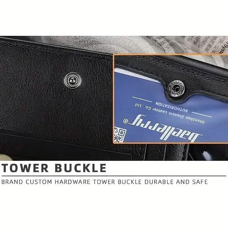Black wallet snap button and stitched panel with an interior card-slot view.