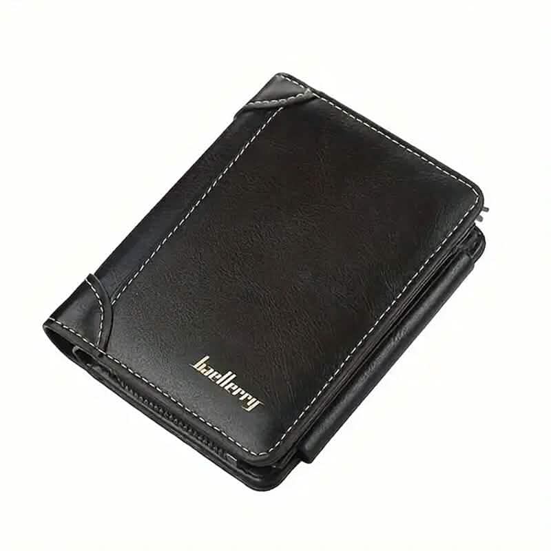 Black tri-fold zipper wallet with stitched trim and logo on the front panel.