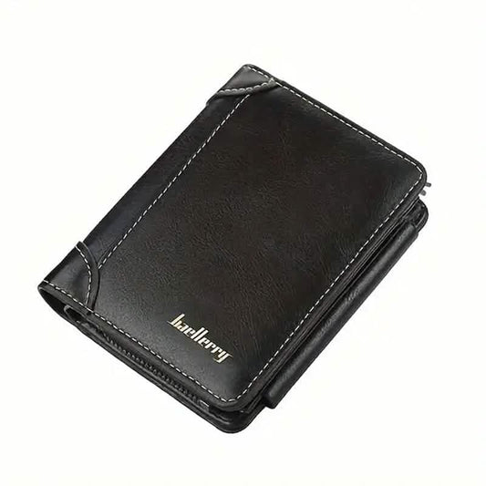 Black tri-fold zipper wallet with stitched trim and logo on the front panel.