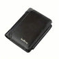 Black tri-fold zipper wallet with stitched trim and logo on the front panel.