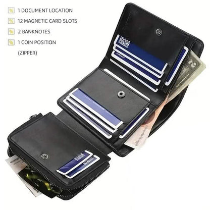 Black tri-fold zipper wallet opened, showing card slots, bill section, and coin pocket.