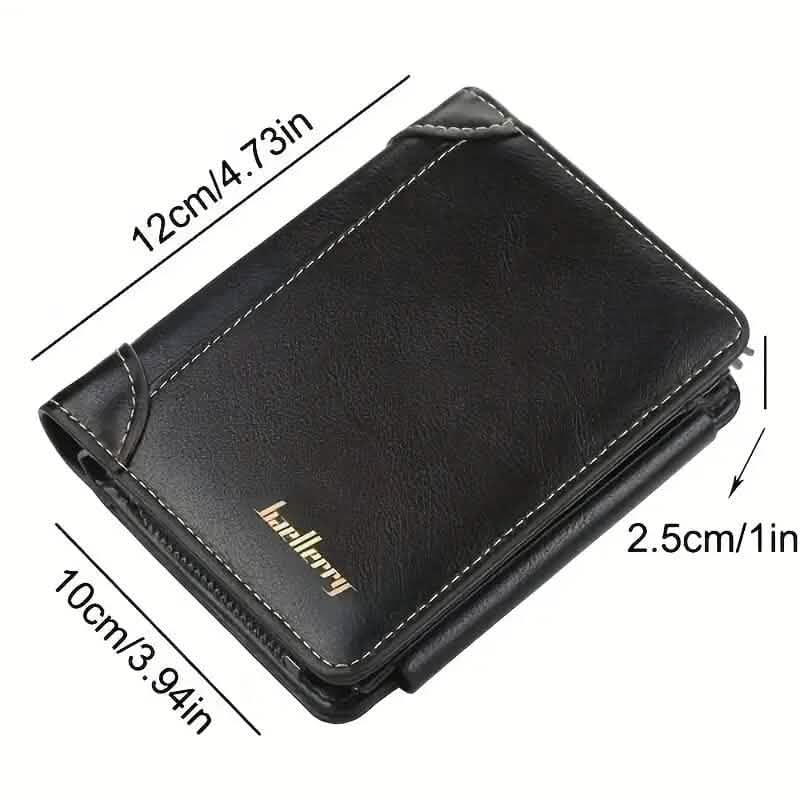 Black tri-fold zipper wallet shown with size markings along the top and side.