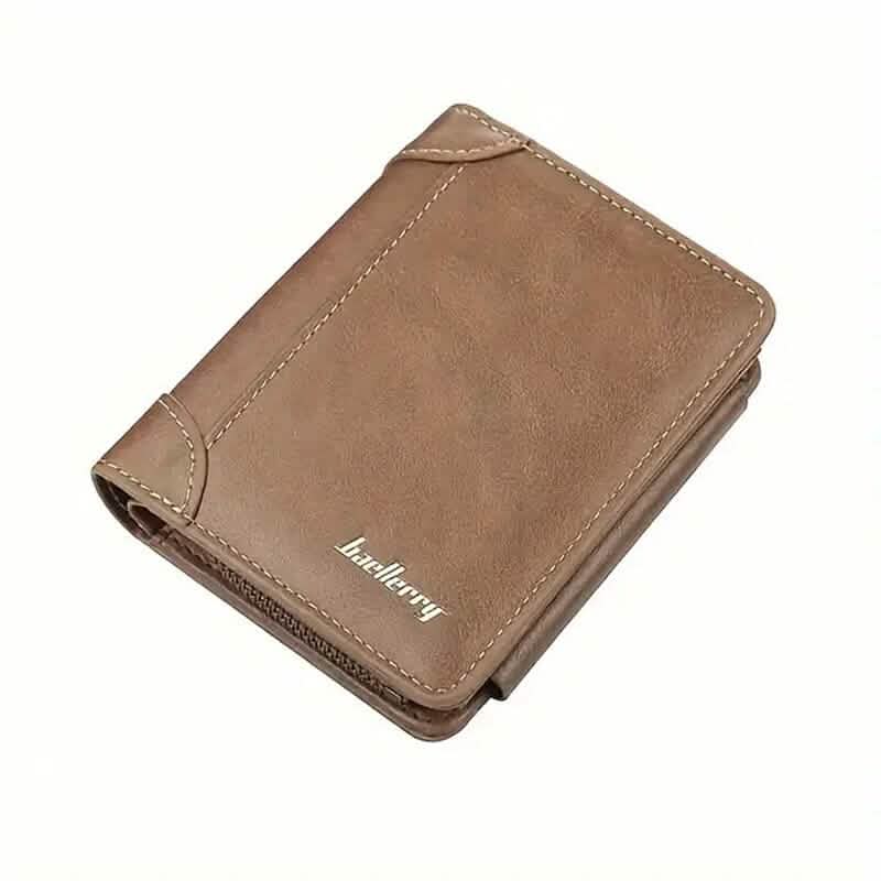 Brown tri-fold zipper wallet with stitched edges and brand logo on the front.