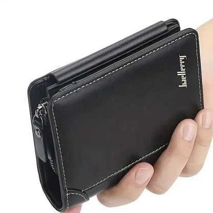 Black tri-fold zipper wallet held in hand, showing front pocket and stitching.