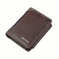 Coffee-brown tri-fold zipper wallet with contrast stitching and logo on the front.