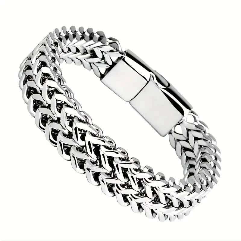 Stainless steel braided bracelet with rectangular magnetic clasp, polished chain links.