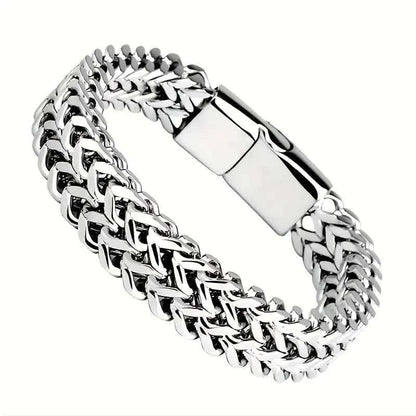 Stainless steel braided bracelet with rectangular magnetic clasp, polished chain links.