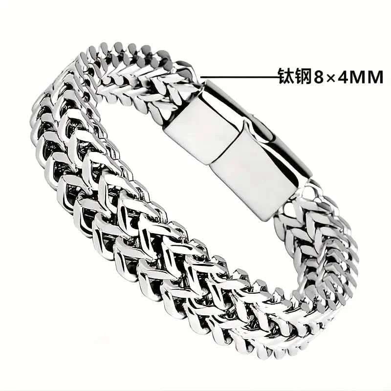 Stainless steel braided bracelet with 8x4mm label and rectangular magnetic clasp.
