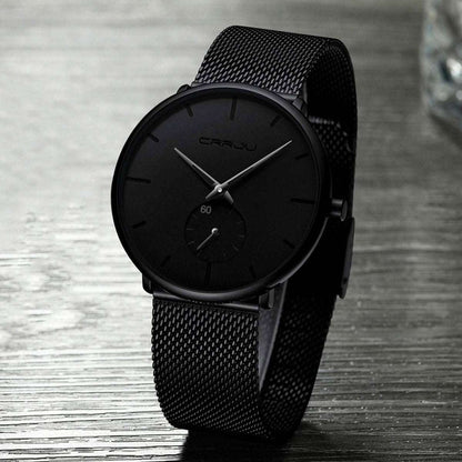 Men's minimalist waterproof wrist watch with black mesh strap and black dial, minimalist markers