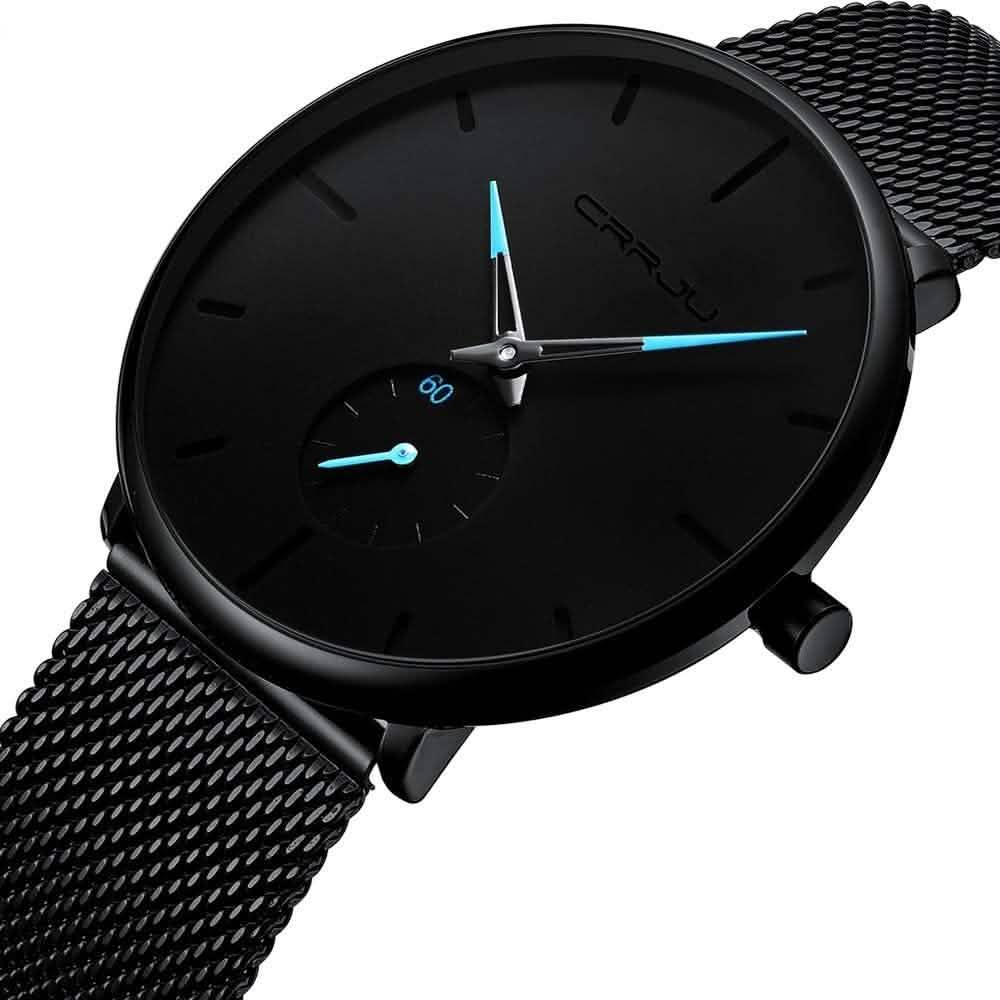 Men's minimalist waterproof wrist watch close-up with black dial and teal hands on mesh band