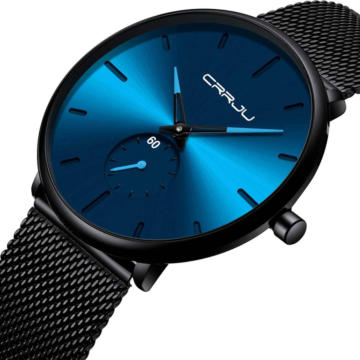 Close-up blue minimalist wrist watch with black mesh band, blue dial and teal hands