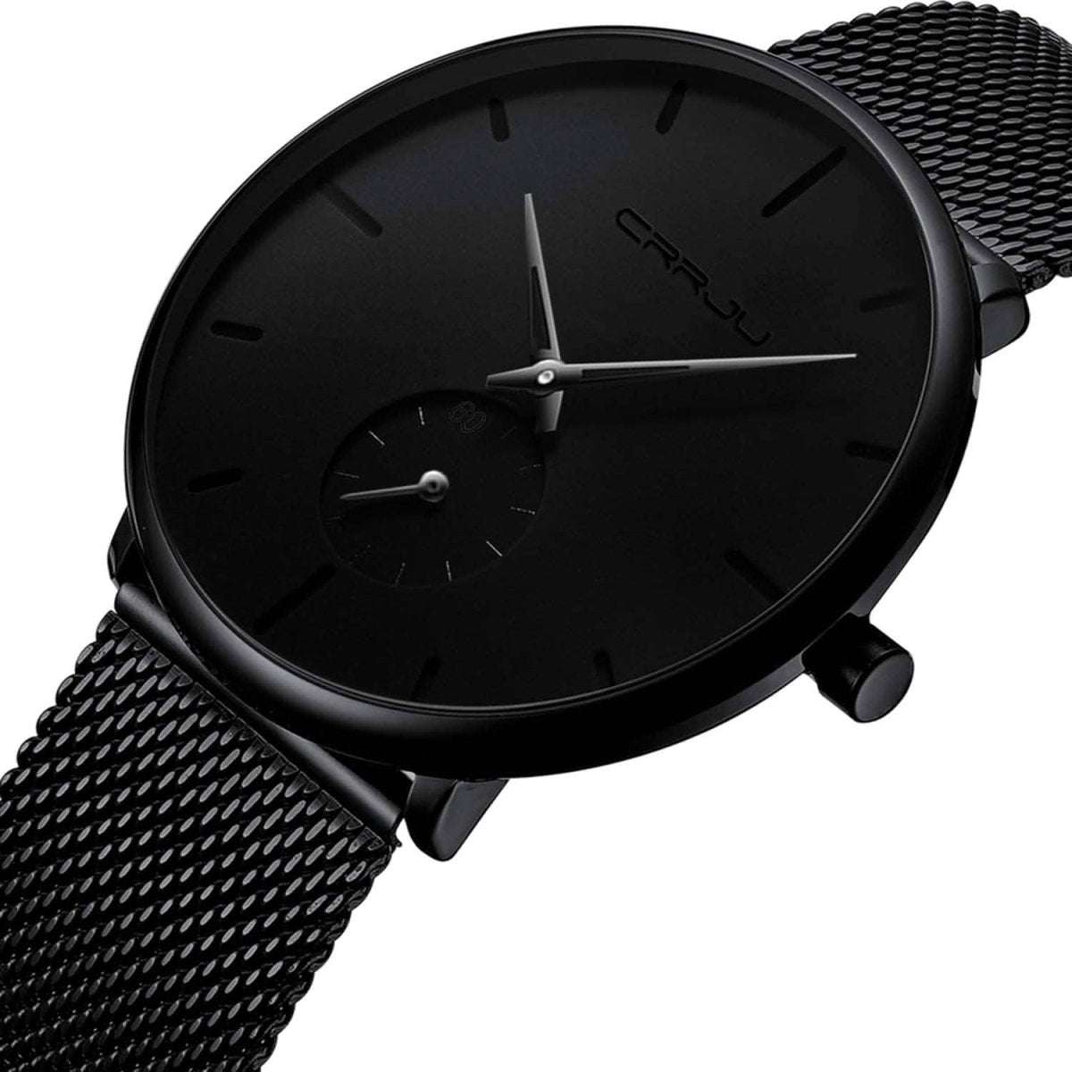 Men's minimalist waterproof wrist watch with black case and mesh strap, close-up of black dial