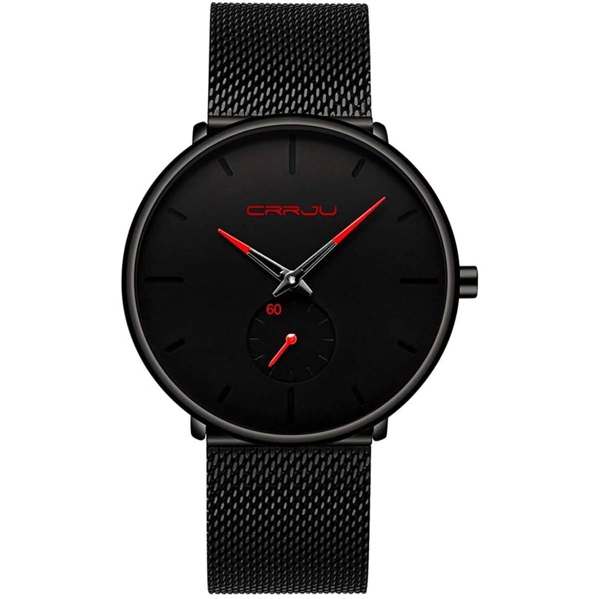 Minimalist black wrist watch with black mesh strap, black dial, red hands and small subdial